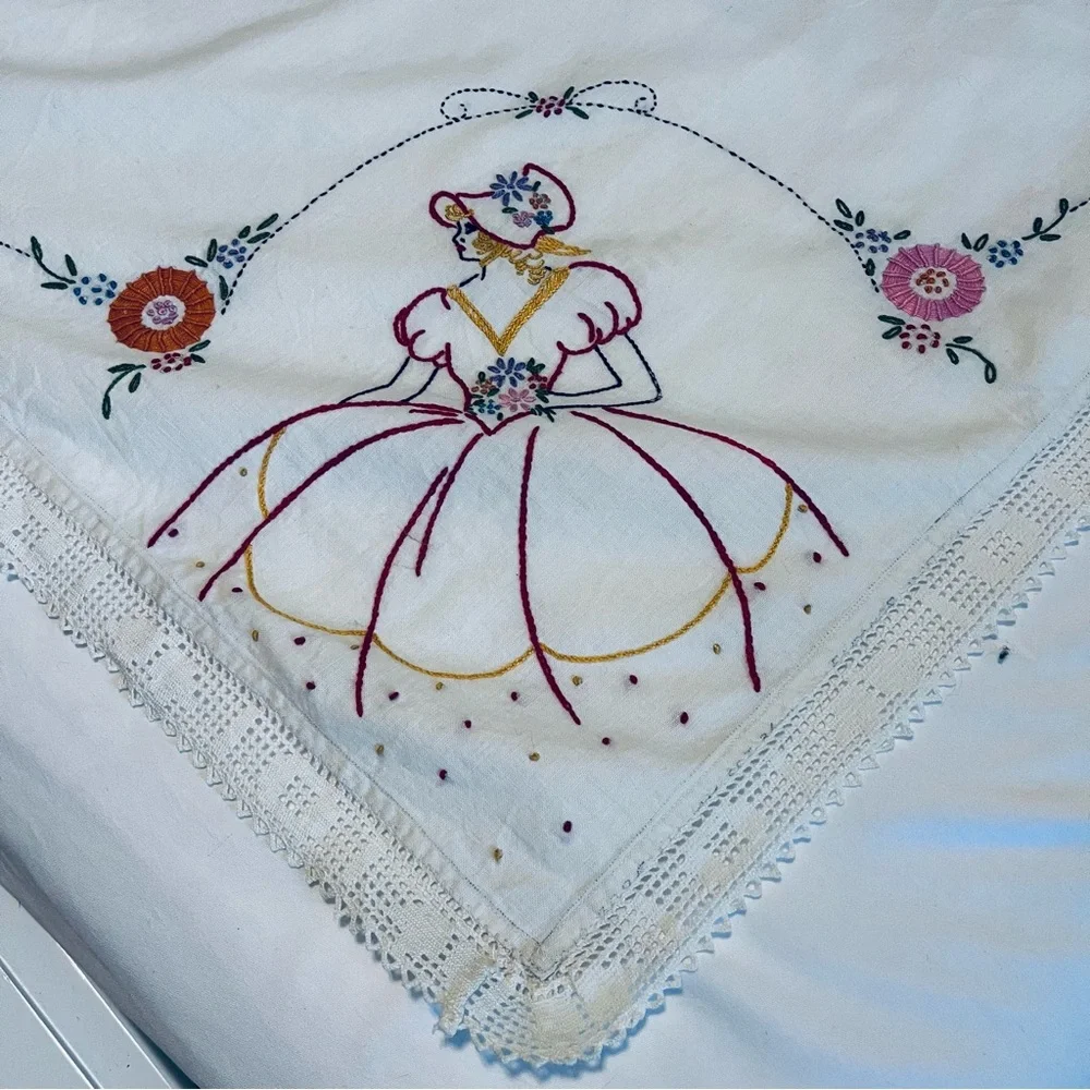 Vintage Hand Embroidered Linen & Lace Tablecloth Crinoline Ladies in Hoop Skirts